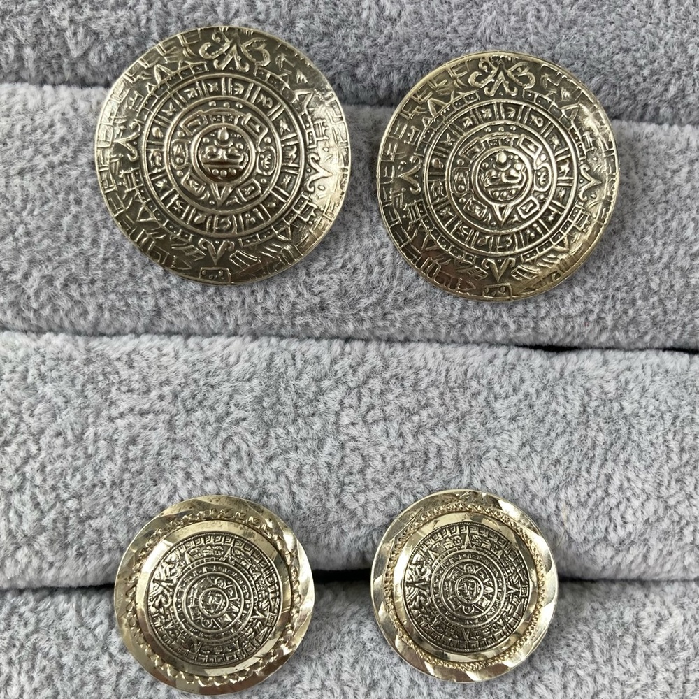 Old Sterling Silver Aztec Mayan Calendar Taxco Mexico Clip On Earrings Cuff Link